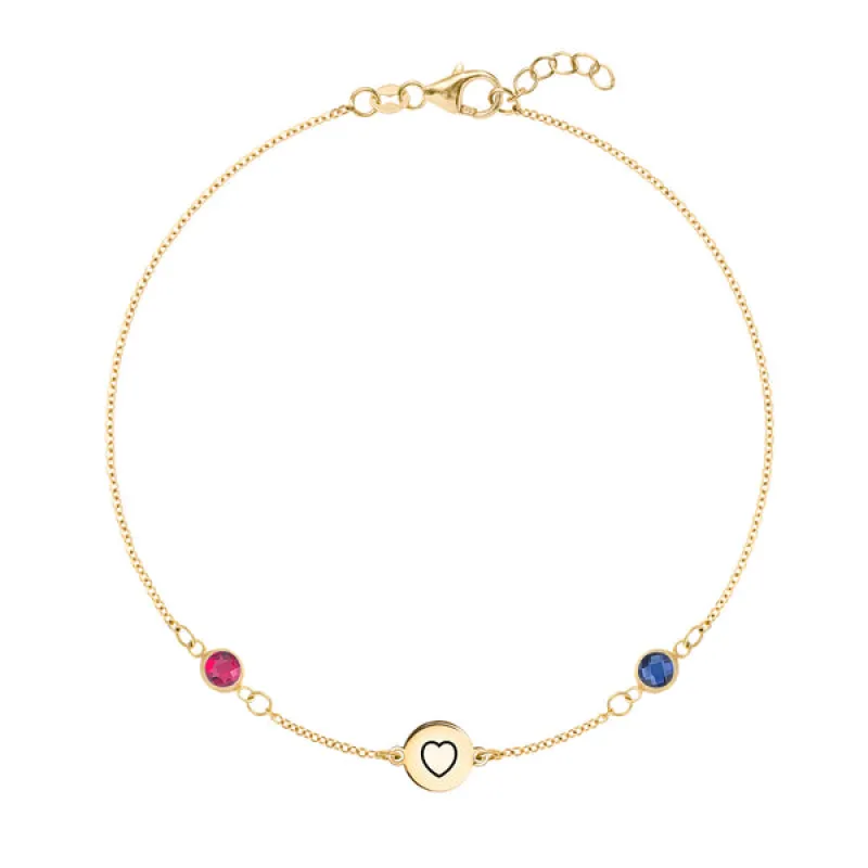 Personalized Heart Disc & Classic 2 Birthstone Bracelet in 14k Gold sold by Haverhill
