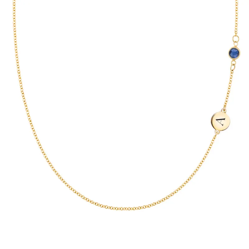 Personalized Classic 1 Letter & 1 Birthstone Necklace in 14k Gold (Double Spacing) sold by Haverhill