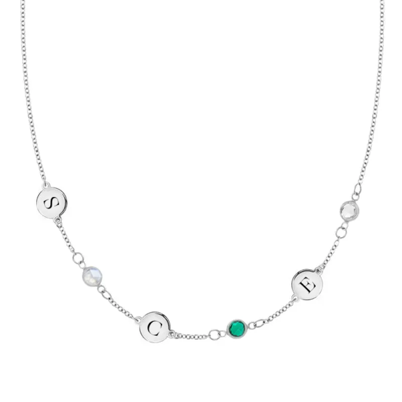 Personalized Classic 3 Letter & 3 Birthstone Necklace in 14k Gold (Single Spacing) sold by Haverhill