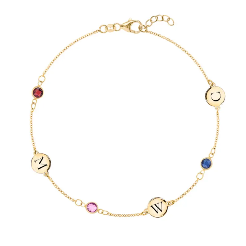 Personalized Classic 3 Letter & 3 Birthstone Bracelet in 14k Gold sold by Haverhill
