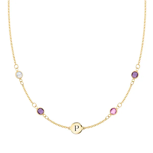 Personalized Classic 1 Letter & 4 Birthstone Necklace in 14k Gold (Double Spacing) sold by Haverhill