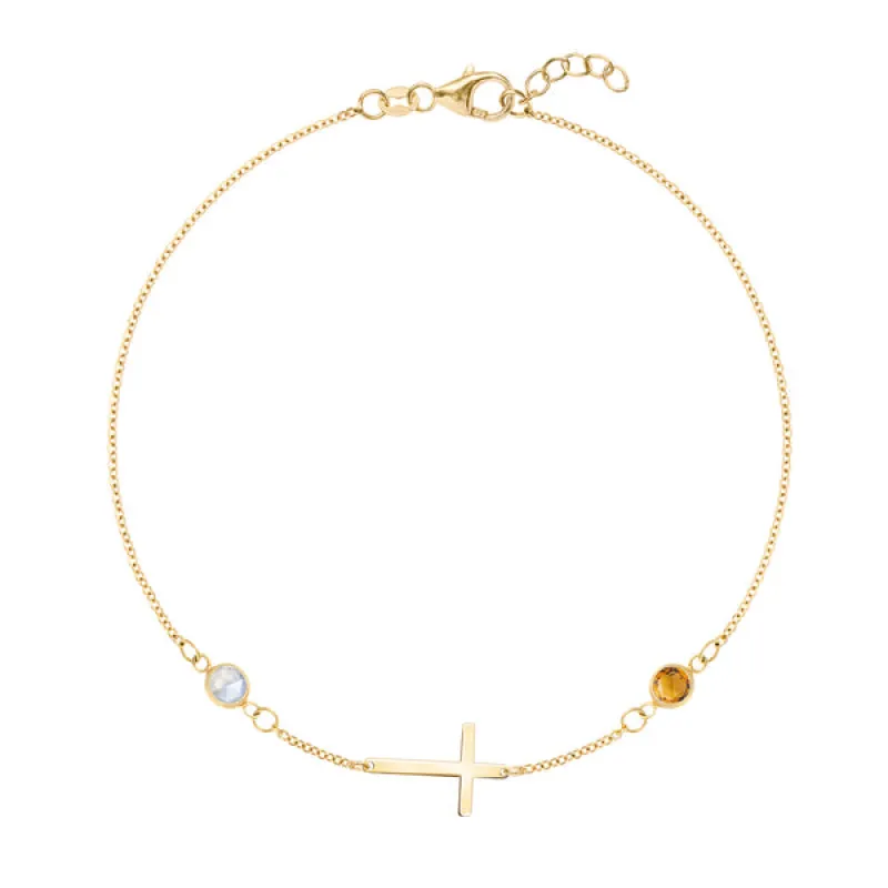 Personalized Classic Cross & 2 Birthstone Bracelet in 14k Gold sold by Haverhill