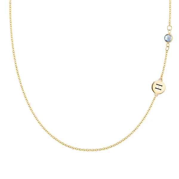 Personalized Classic 1 Letter & 1 Birthstone Necklace in 14k Gold (Double Spacing) sold by Haverhill