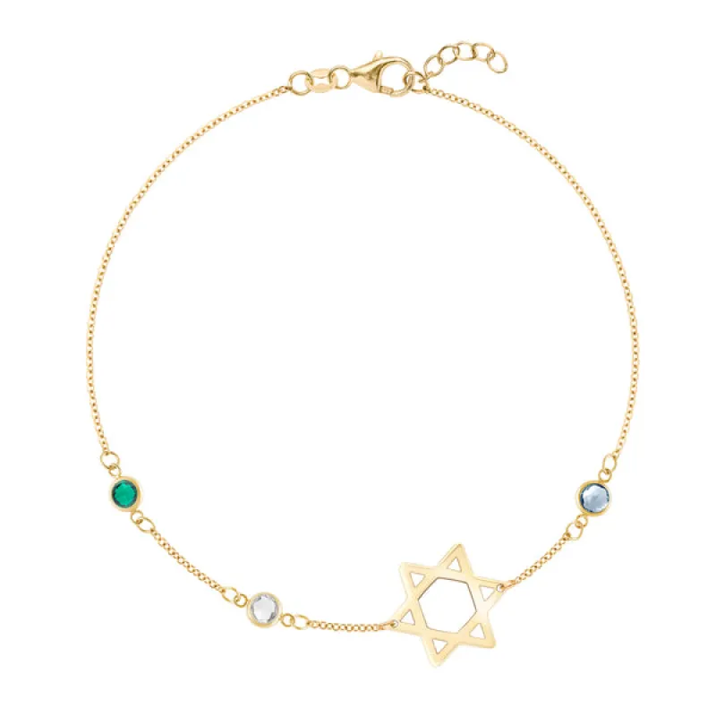 Personalized Classic Star of David & 3 Birthstone Bracelet in 14k Gold sold by Haverhill