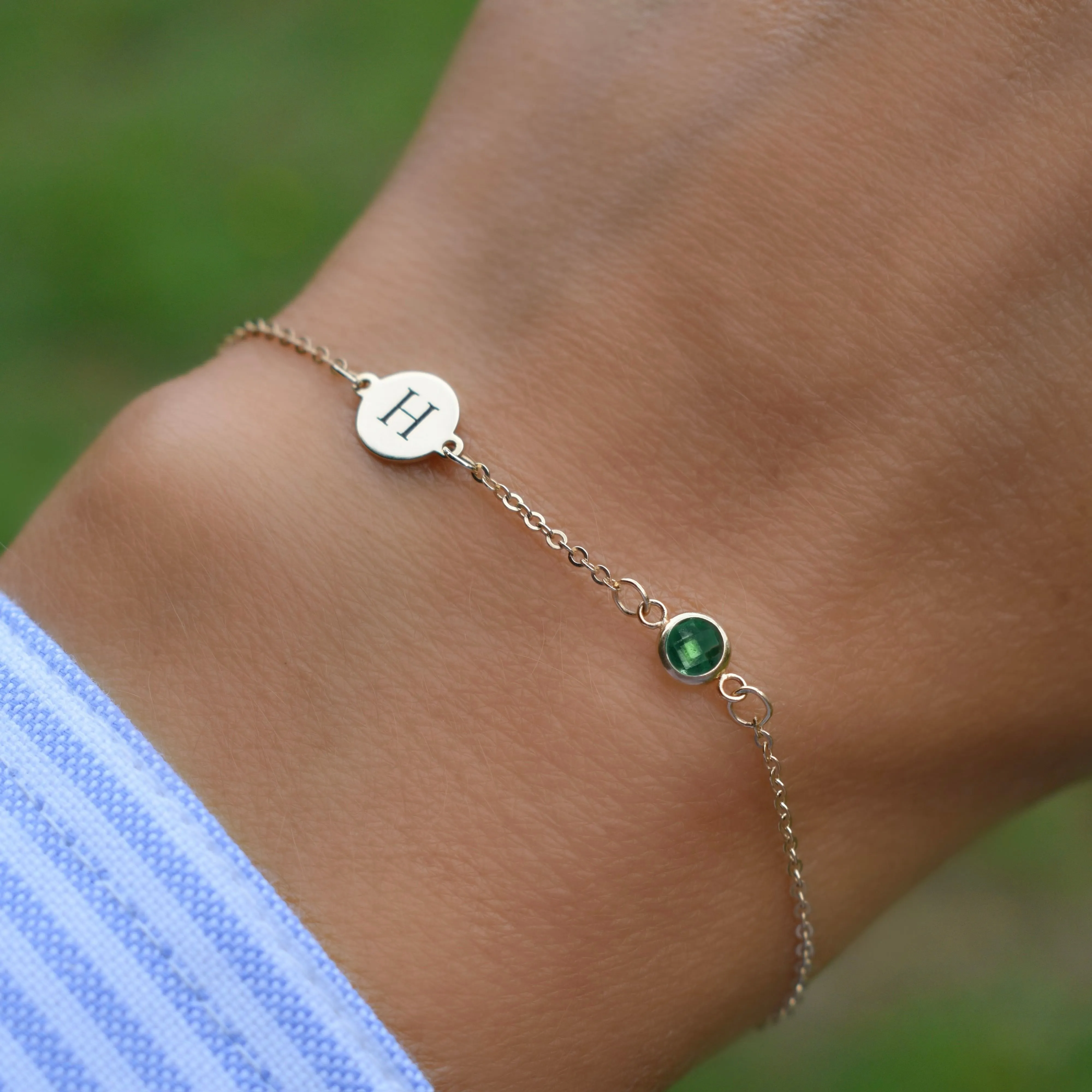 Personalized Classic 1 Letter & 1 Emerald Bracelet in 14k Gold (May) sold by Haverhill product image thumbnail 3