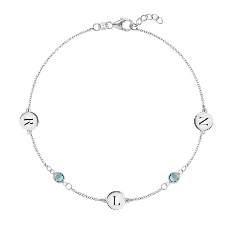 Personalized Classic 3 Letter & 2 Birthstone Bracelet in 14k Gold sold by Haverhill