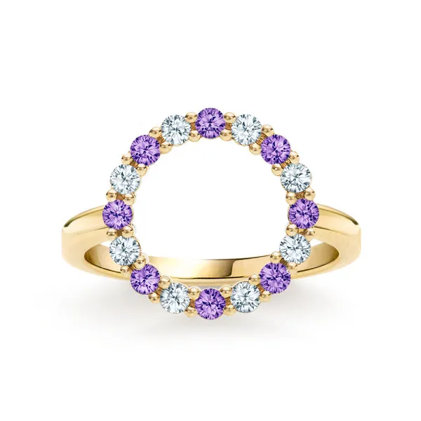 Personalized Rosecliff Circle Birthstone Ring in 14k Gold sold by Haverhill
