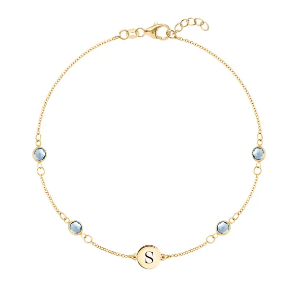 Personalized Classic 1 Letter & 4 Aquamarine Bracelet in 14k Gold (March) sold by Haverhill
