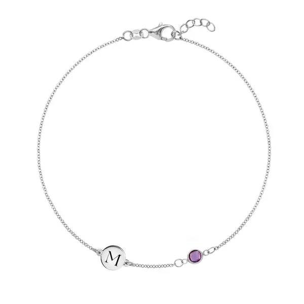 Personalized Classic 1 Letter & 1 Amethyst Bracelet in 14k Gold (February) sold by Haverhill