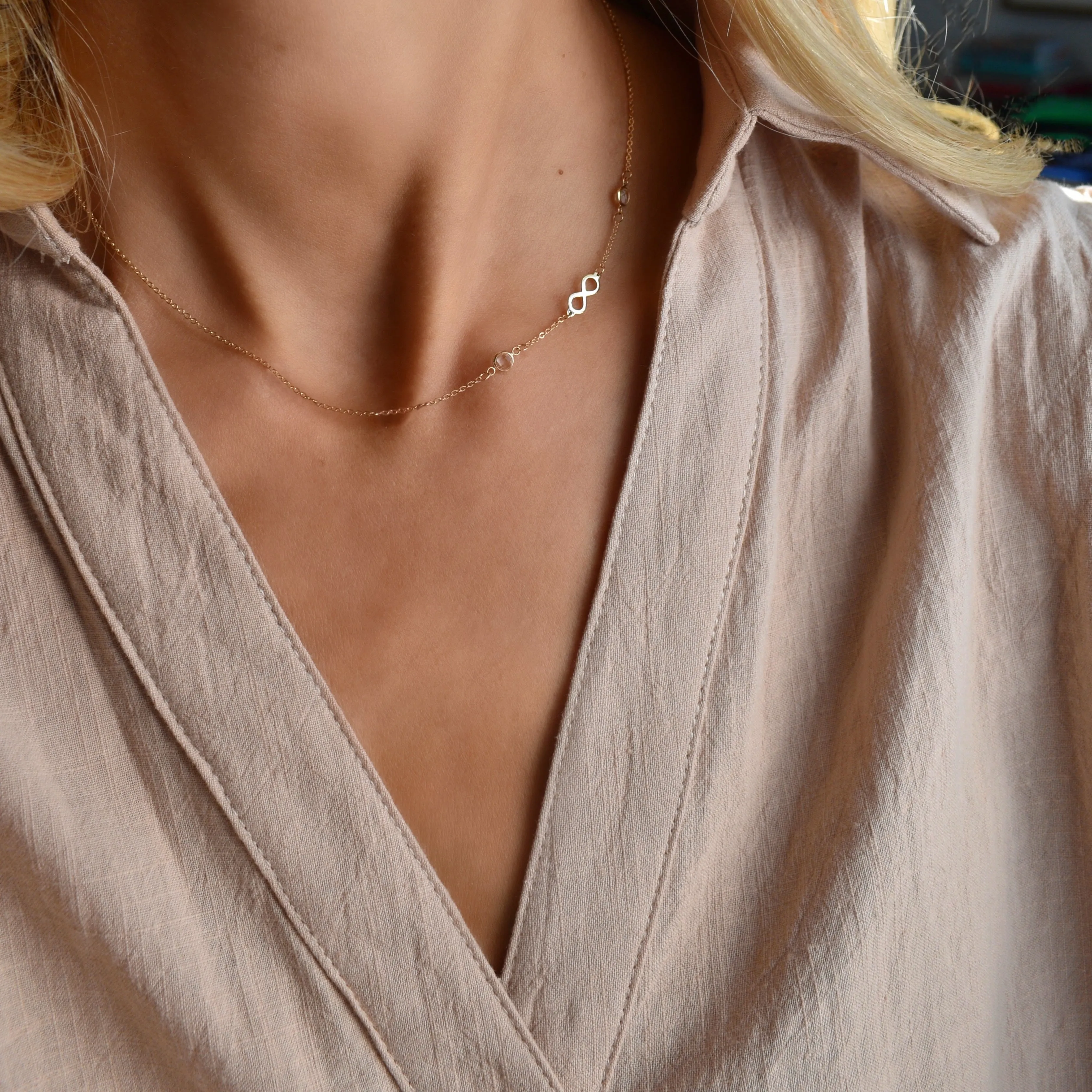 Personalized Classic Infinity & 2 Birthstone Necklace in 14k Gold sold by Haverhill product image thumbnail 2