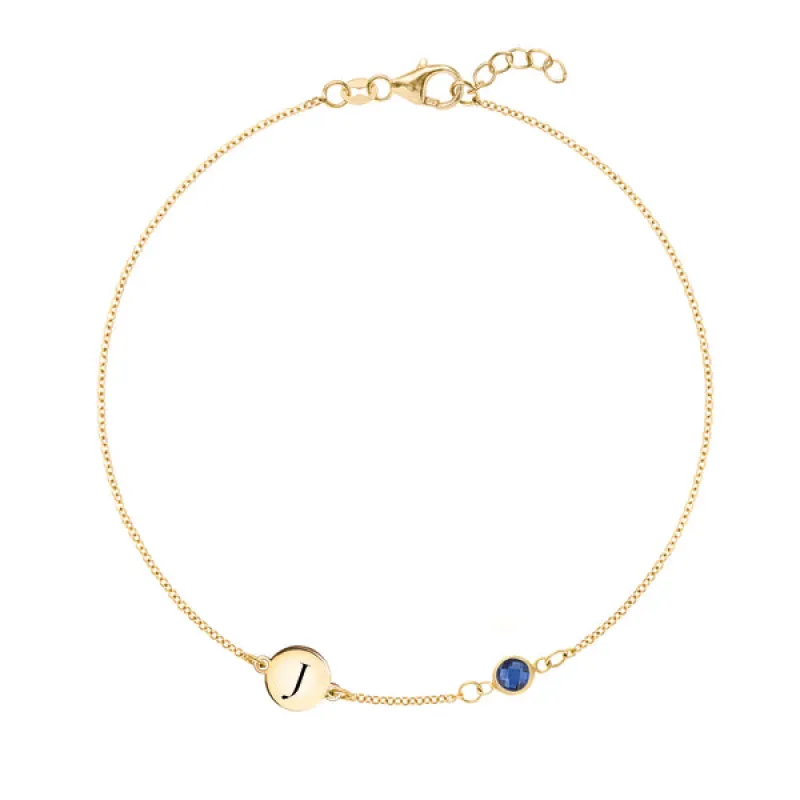 Personalized Classic 1 Letter & 1 Sapphire Bracelet in 14k Gold (September) sold by Haverhill