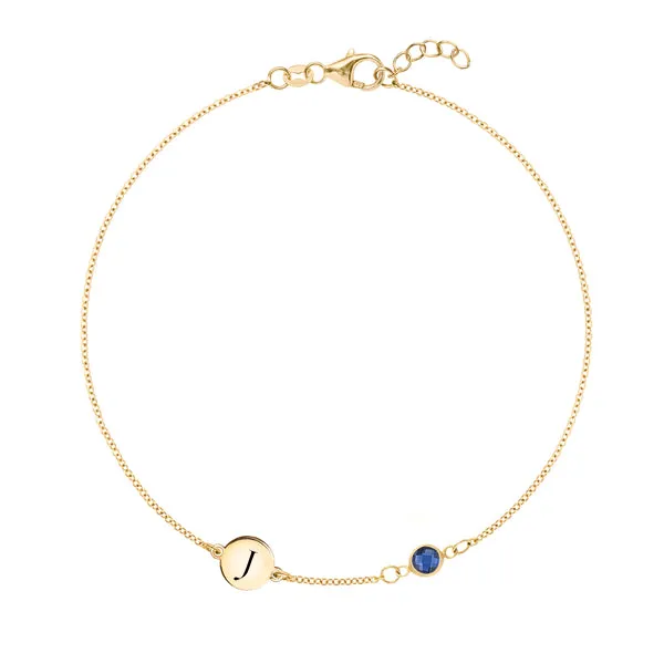 Personalized Classic 1 Letter & 1 Sapphire Bracelet in 14k Gold (September) sold by Haverhill