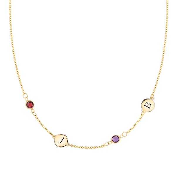 Personalized Classic 2 Letter & 2 Birthstone Necklace in 14k Gold (Double Spacing) sold by Haverhill