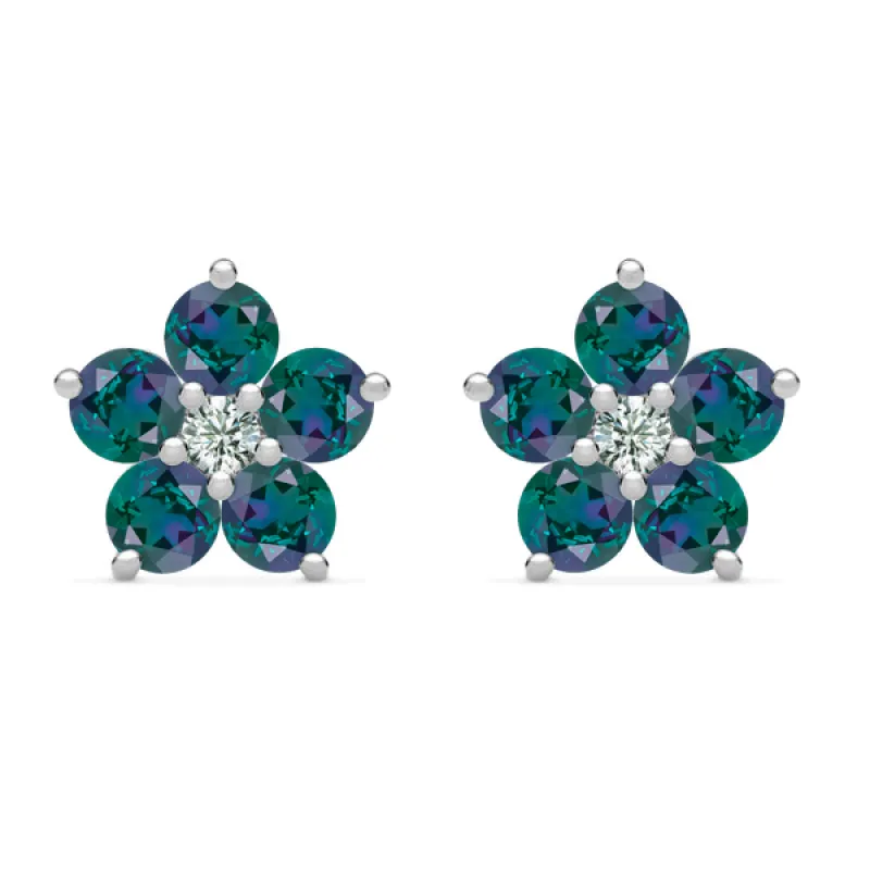 Personalized Greenwich Flower Birthstone & Diamond Earrings in 14k Gold sold by Haverhill