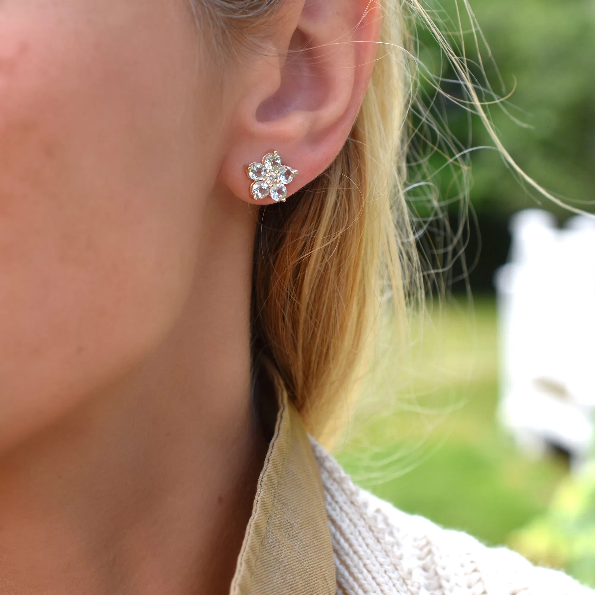 Personalized Greenwich Flower Birthstone & Diamond Earrings in 14k Gold sold by Haverhill product image thumbnail 2