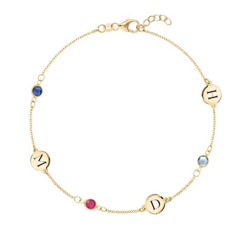 Personalized Classic 3 Letter & 3 Birthstone Bracelet in 14k Gold sold by Haverhill