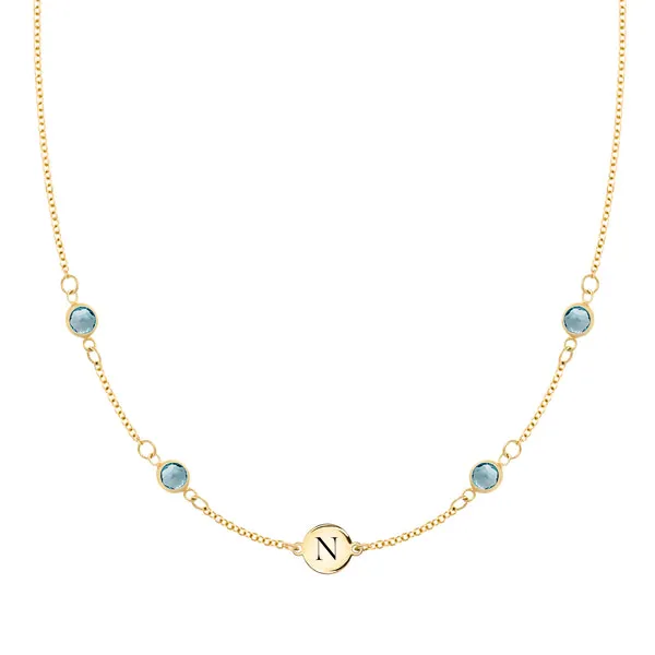 Personalized Classic 1 Letter & 4 Birthstone Necklace in 14k Gold (Double Spacing) sold by Haverhill