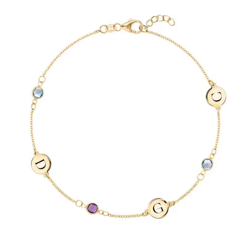 Personalized Classic 3 Letter & 3 Birthstone Bracelet in 14k Gold sold by Haverhill