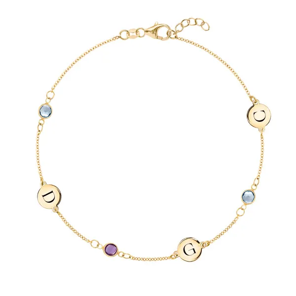 Personalized Classic 3 Letter & 3 Birthstone Bracelet in 14k Gold sold by Haverhill