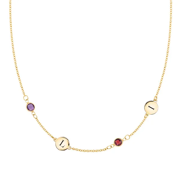 Personalized Classic 2 Letter & 2 Birthstone Necklace in 14k Gold (Double Spacing) sold by Haverhill