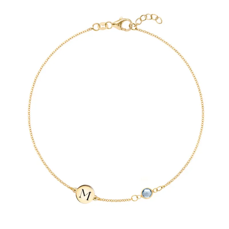 Personalized Classic 1 Letter & 1 Aquamarine Bracelet in 14k Gold (March) sold by Haverhill