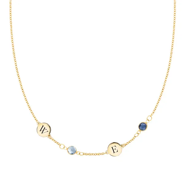 Personalized 2 Letter & 2 Classic Birthstone Necklace in 14k Gold (Single Spacing) sold by Haverhill