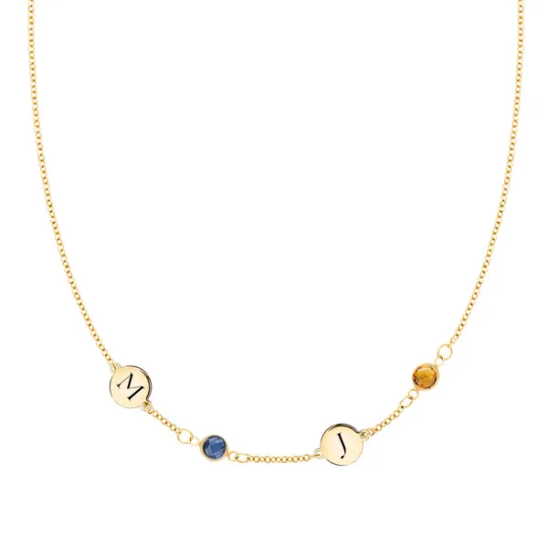 Personalized Classic 2 Letter & 2 Birthstone Necklace in 14k Gold (Single Spacing) sold by Haverhill