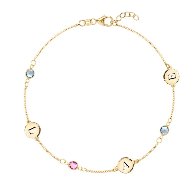 Personalized Classic 3 Letter & 3 Birthstone Bracelet in 14k Gold sold by Haverhill