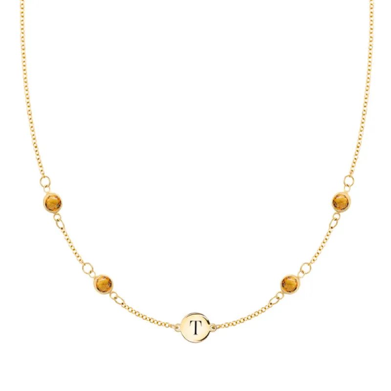 Personalized 1 Letter & 4 Classic Citrine Necklace in 14k Gold (November) sold by Haverhill