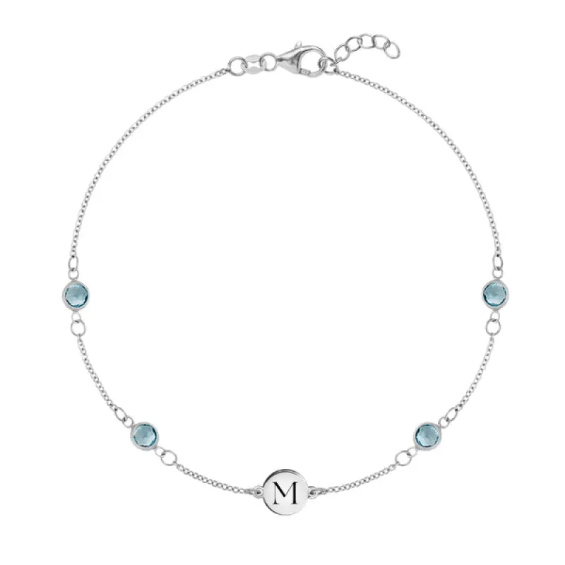 Personalized 1 Letter & 4 Classic Nantucket Blue Topaz Bracelet in 14k Gold (December) sold by Haverhill