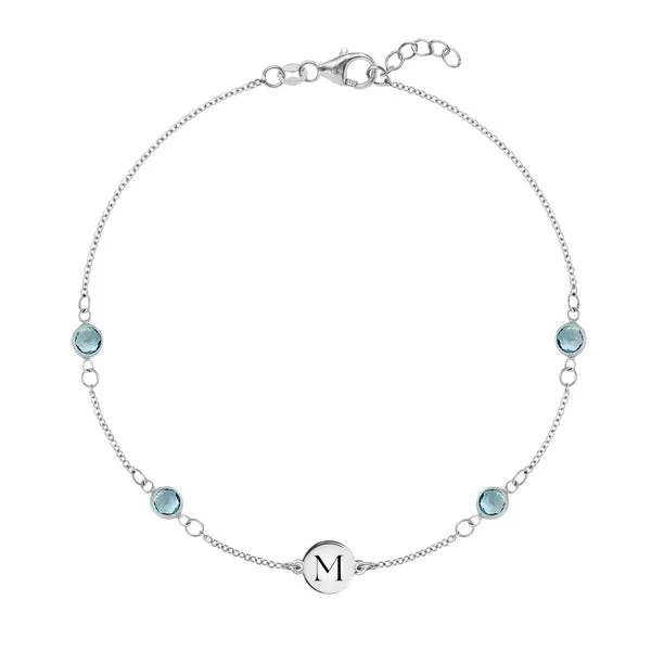 Personalized 1 Letter & 4 Classic Nantucket Blue Topaz Bracelet in 14k Gold (December) sold by Haverhill