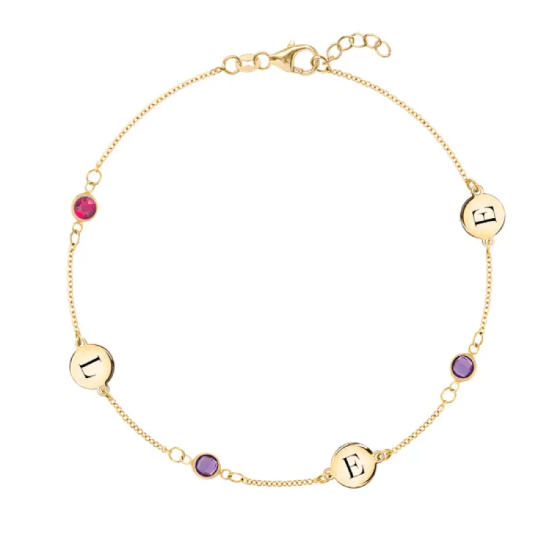Personalized Classic 3 Letter & 3 Birthstone Bracelet in 14k Gold sold by Haverhill