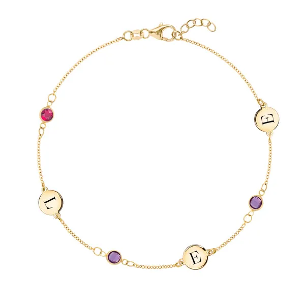 Personalized Classic 3 Letter & 3 Birthstone Bracelet in 14k Gold sold by Haverhill