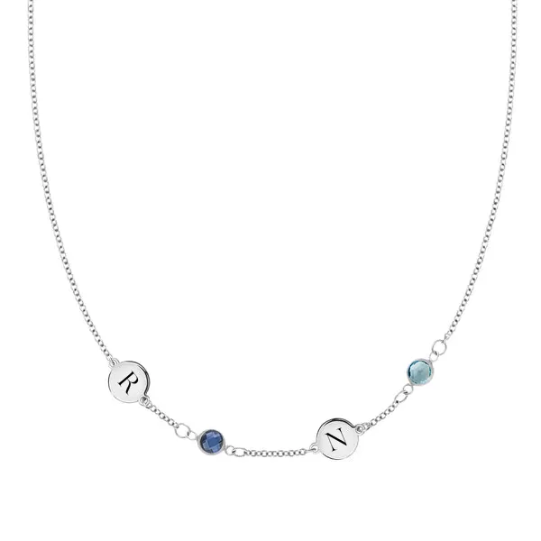 Personalized Classic 2 Letter & 2 Birthstone Necklace in 14k Gold (Single Spacing) sold by Haverhill