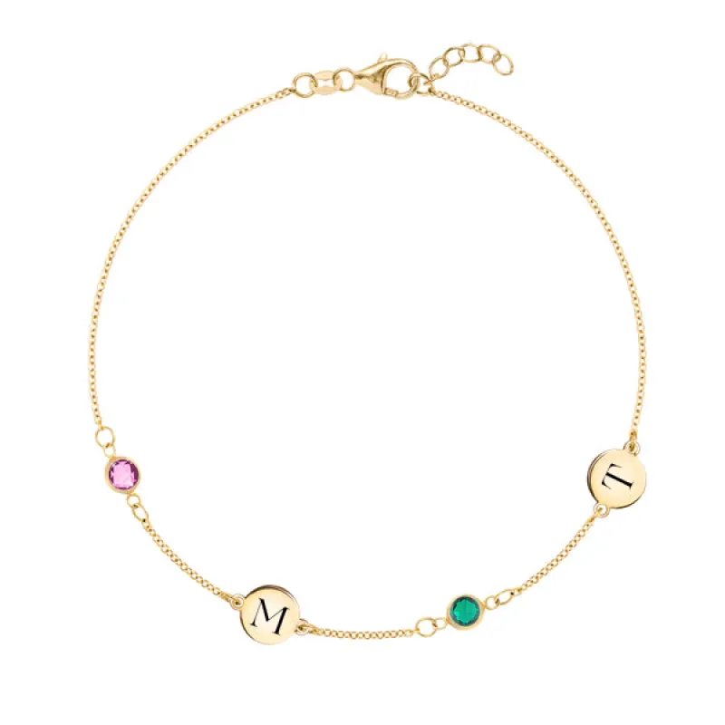 Personalized Classic 2 Letter & 2 Birthstone Bracelet in 14k Gold sold by Haverhill