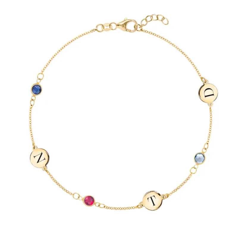 Personalized Classic 3 Letter & 3 Birthstone Bracelet in 14k Gold sold by Haverhill