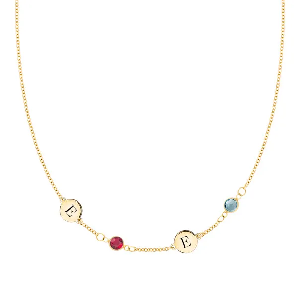 Personalized Classic 2 Letter & 2 Birthstone Necklace in 14k Gold (Single Spacing) sold by Haverhill