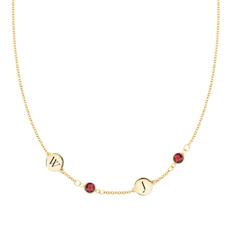Personalized Classic 2 Letter & 2 Birthstone Necklace in 14k Gold (Single Spacing) sold by Haverhill