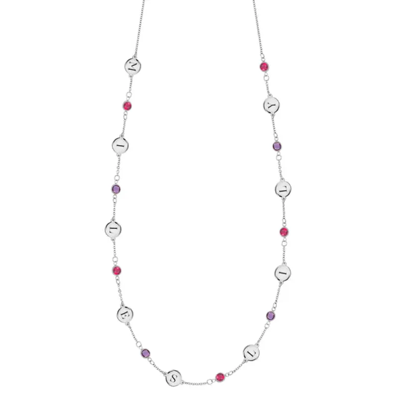 Personalized Classic 9 Letter & 9 Birthstone Necklace in 14k Gold (Single Spacing) sold by Haverhill