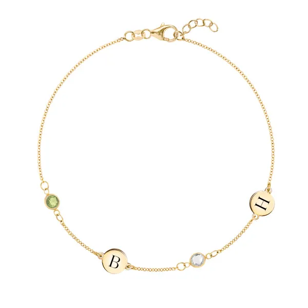 Personalized Classic 2 Letter & 2 Birthstone Bracelet in 14k Gold sold by Haverhill