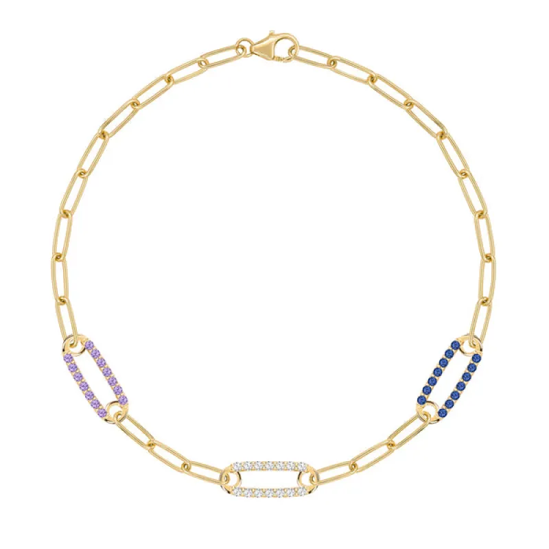 Personalized Adelaide 3 Pavé Birthstone Link Bracelet in 14k Gold sold by Haverhill