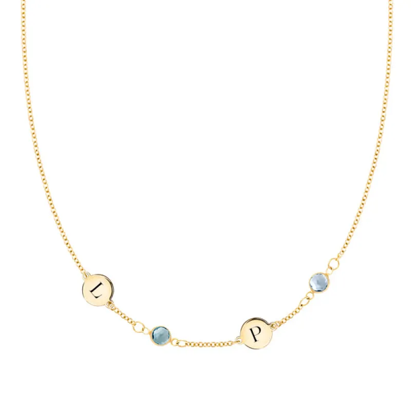 Personalized 2 Letter & 2 Classic Birthstone Necklace in 14k Gold (Single Spacing) sold by Haverhill