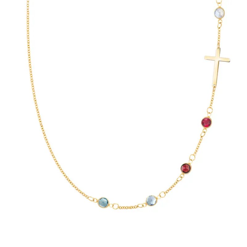 Personalized Classic Cross & 5 Birthstone Necklace in 14k Gold sold by Haverhill