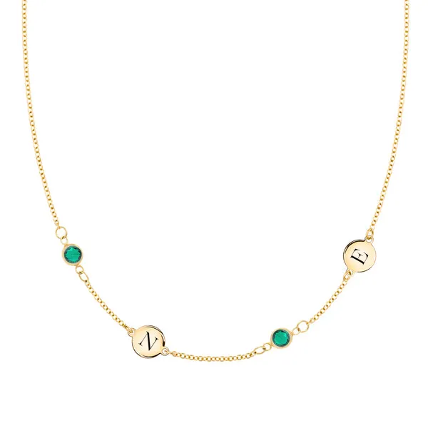 Personalized Classic 2 Letter & 2 Birthstone Necklace in 14k Gold (Double Spacing) sold by Haverhill