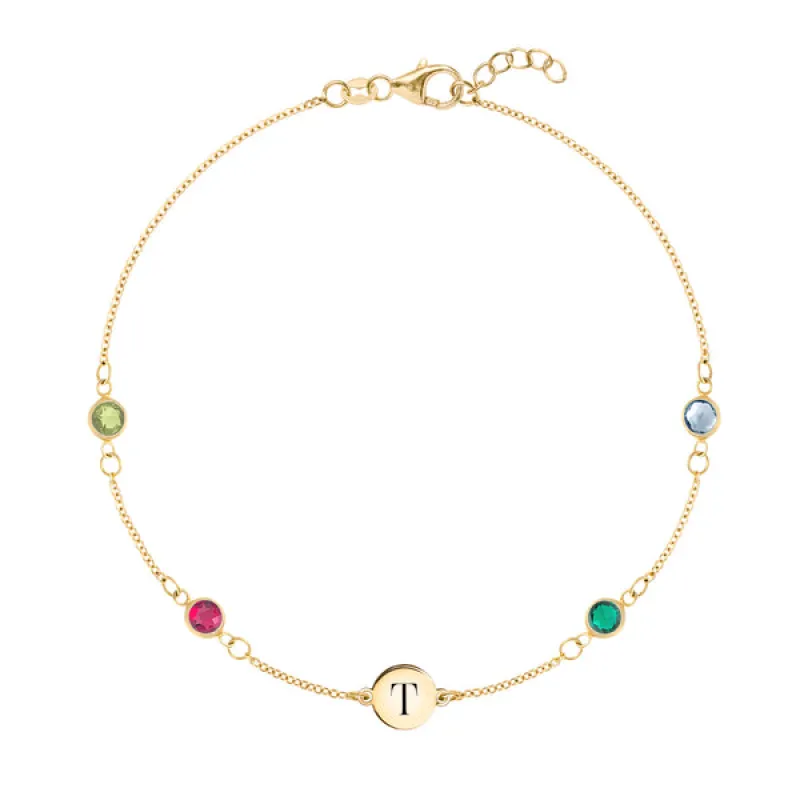 Personalized Classic 1 Letter & 4 Birthstone Bracelet in 14k Gold sold by Haverhill