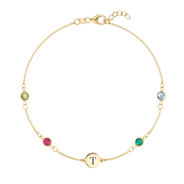Personalized Classic 1 Letter & 4 Birthstone Bracelet in 14k Gold sold by Haverhill