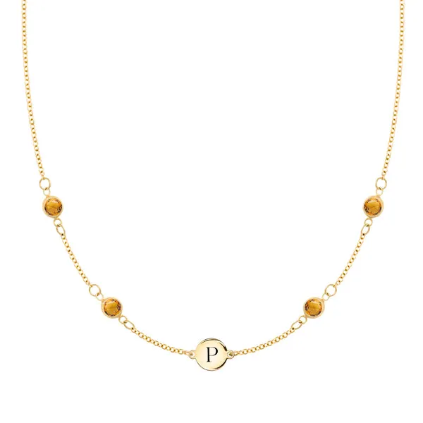 Personalized Classic 1 Letter & 4 Birthstone Necklace in 14k Gold (Double Spacing) sold by Haverhill