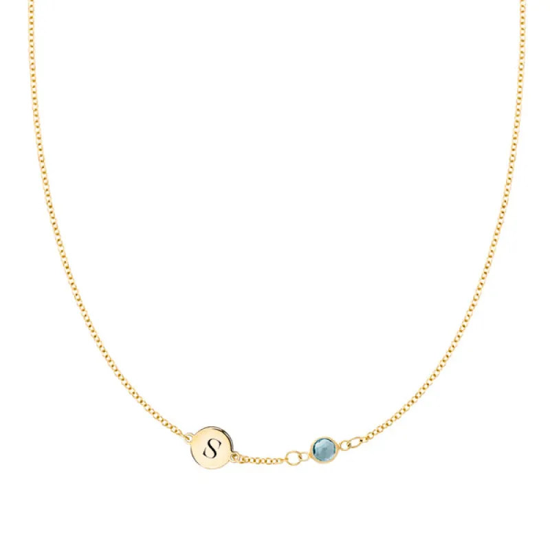 Personalized Classic 1 Letter & 1 Birthstone Necklace in 14k Gold (Single Spacing) sold by Haverhill