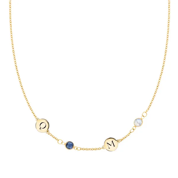 Personalized Classic 2 Letter & 2 Birthstone Necklace in 14k Gold (Single Spacing) sold by Haverhill