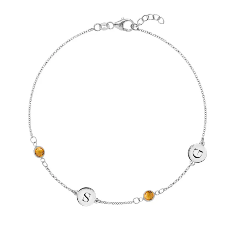 Personalized Classic 2 Letter & 2 Birthstone Bracelet in 14k Gold sold by Haverhill